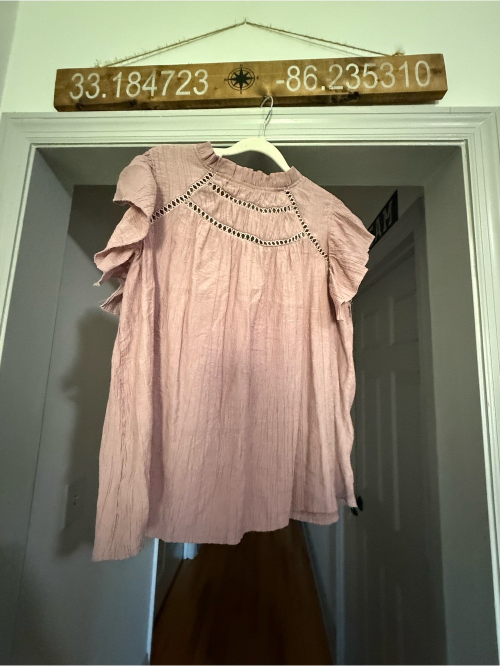 SHEIN Dusty Pink Ruffle Sleeve Crochet Yoke Blouse